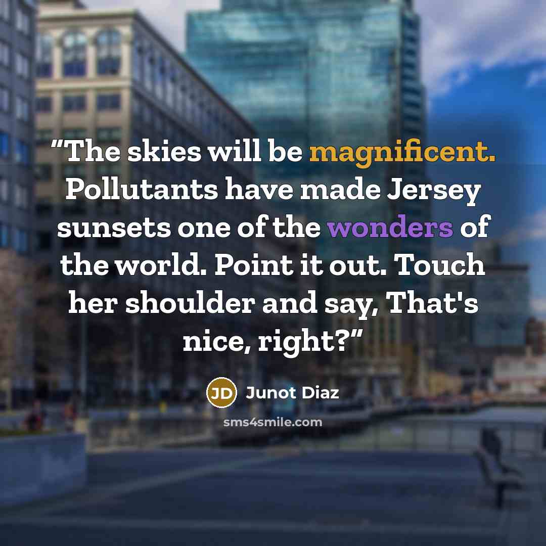 “The skies will be magnificent. Pollutants have made Jersey sunsets one of the wonders of the world. Point it out. Touch her shoulder and say, That's nice, right?” quote by Junot Díaz