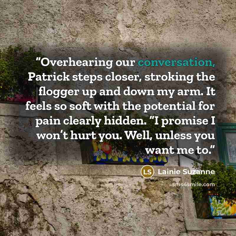 “Overhearing our conversation, Patrick steps closer, stroking the flogger up and down my arm. It feels so soft with the potential for pain clearly hidden. “I promise I won’t hurt you. Well, unless you want me to.” quote by Lainie Suzanne
