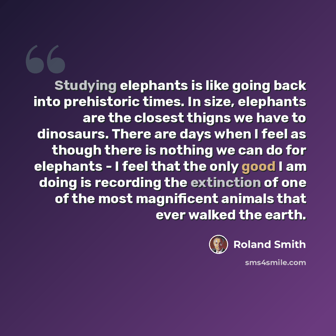 “Studying elephants is like going back into prehistoric times. In size, elephants are the closest thigns we have to dinosaurs. There are days when I feel as though there is nothing we can do for elephants - I feel that the only good I am doing is recording the extinction of one of the most…” quote by Roland Smith