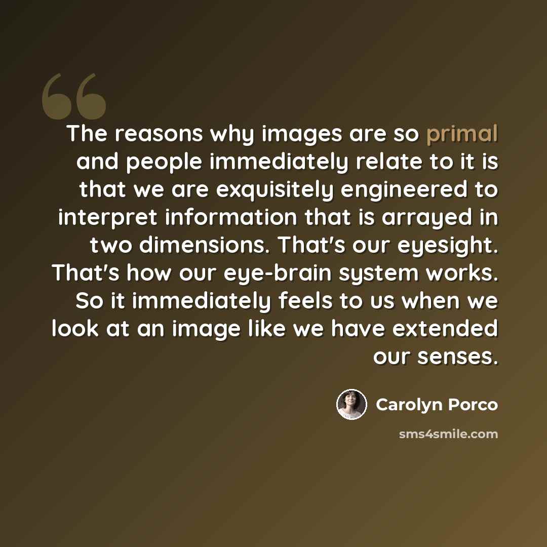 “The reasons why images are so primal and people immediately relate to it is that we are exquisitely engineered to interpret information that is arrayed in two dimensions. That's our eyesight. That's how our eye-brain system works. So it immediately feels to us when we look at an image like we have…” quote by Carolyn Porco