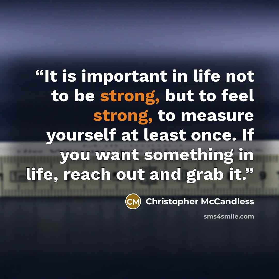 “It is important in life not to be strong, but to feel strong, to measure yourself at least once. If you want something in life, reach out and grab it.” quote by Christopher McCandless