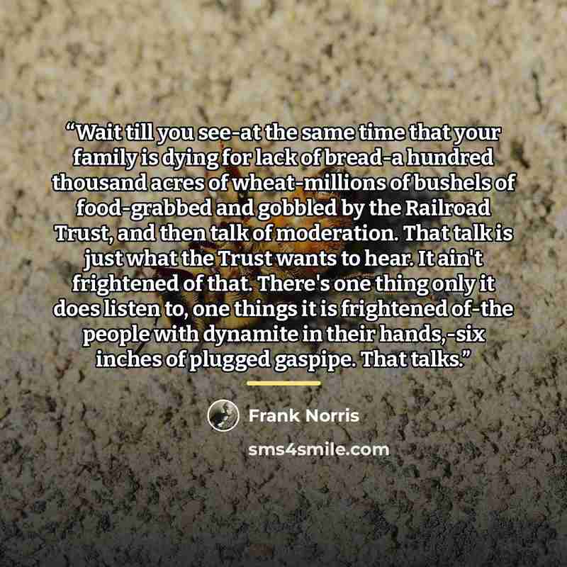 “Wait till you see-at the same time that your family is dying for lack of bread-a hundred thousand acres of wheat-millions of bushels of food-grabbed and gobbled by the Railroad Trust, and then talk of moderation. That talk is just what the Trust wants to hear. It ain't frightened of that. There's…” quote by Frank Norris