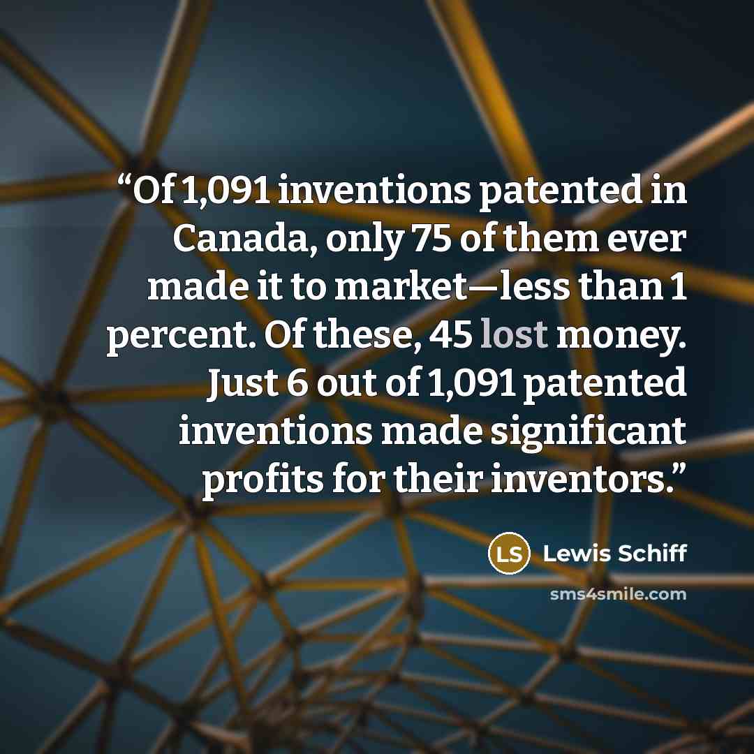 “Of 1,091 inventions patented in Canada, only 75 of them ever made it to market—less than 1 percent. Of these, 45 lost money. Just 6 out of 1,091 patented inventions made significant profits for their inventors.” quote by Lewis Schiff
