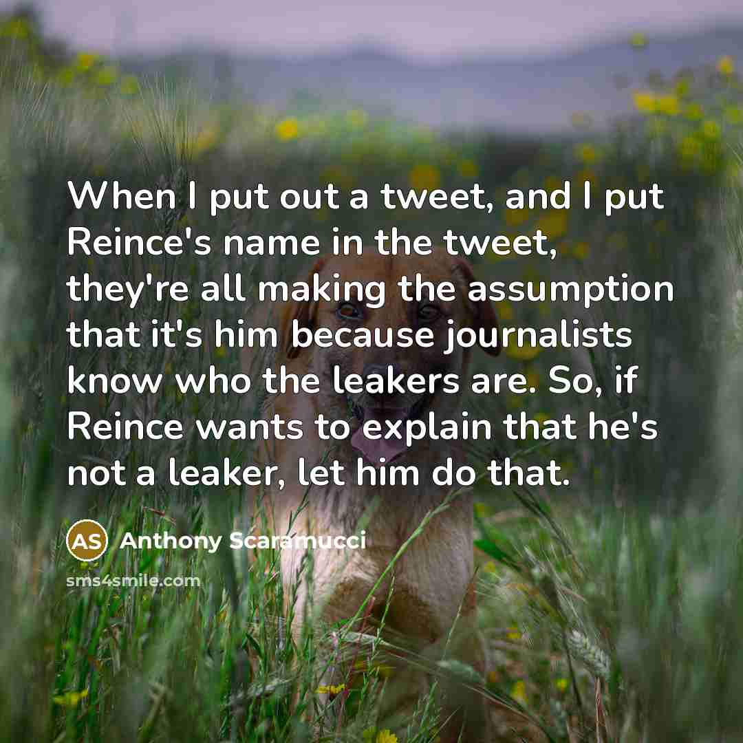 “When I put out a tweet, and I put Reince's name in the tweet, they're all making the assumption that it's him because journalists know who the leakers are. So, if Reince wants to explain that he's not a leaker, let him do that.” quote by Anthony Scaramucci