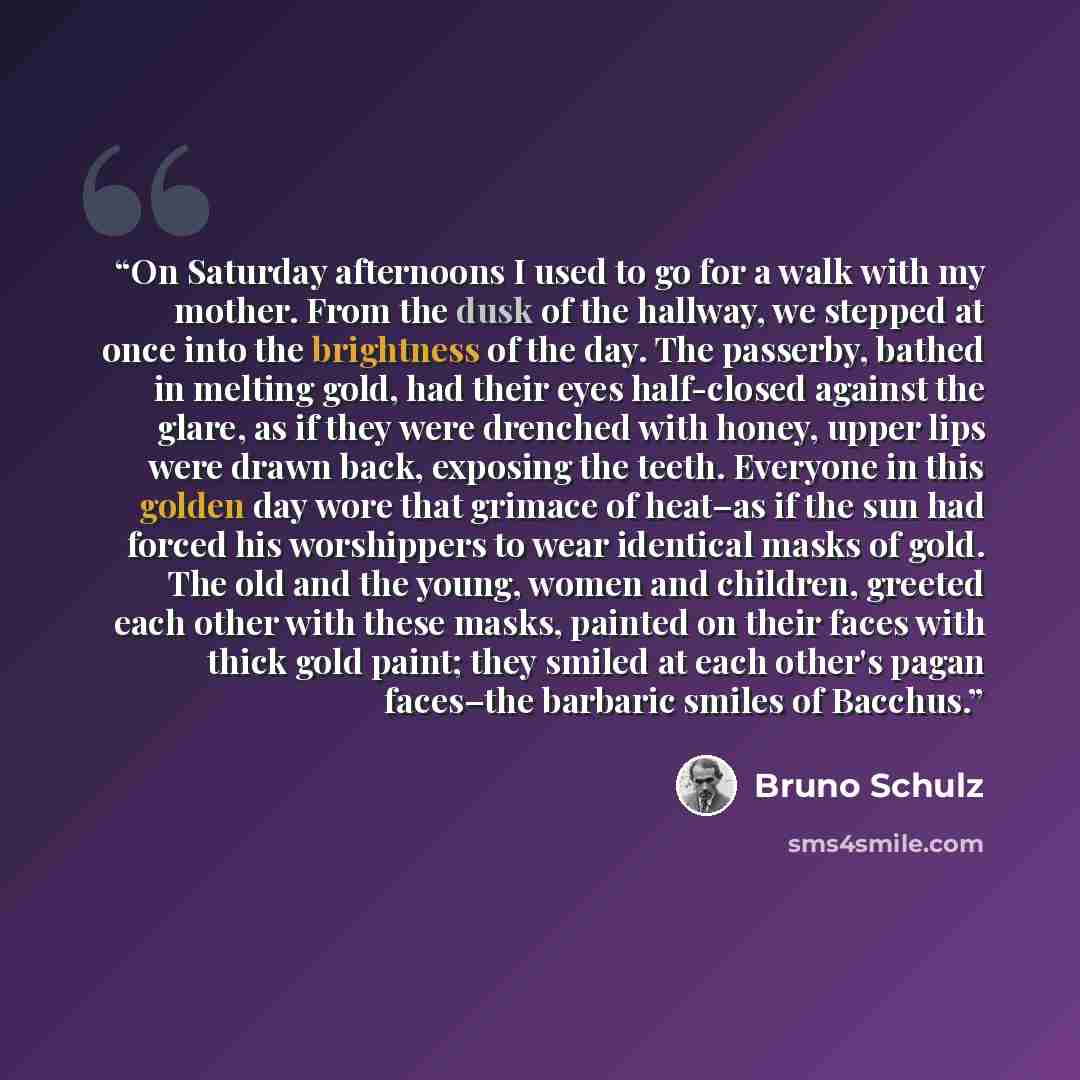 “On Saturday afternoons I used to go for a walk with my mother. From the dusk of the hallway, we stepped at once into the brightness of the day. The passerby, bathed in melting gold, had their eyes half-closed against the glare, as if they were drenched with honey, upper lips were drawn back…” quote by Bruno Schulz