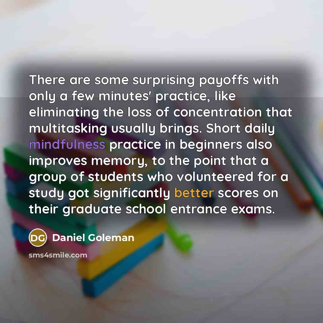 “There are some surprising payoffs with only a few minutes' practice, like eliminating the loss of concentration that multitasking usually brings. Short daily mindfulness practice in beginners also improves memory, to the point that a group of students who volunteered for a study got significantly…” quote by Daniel Goleman