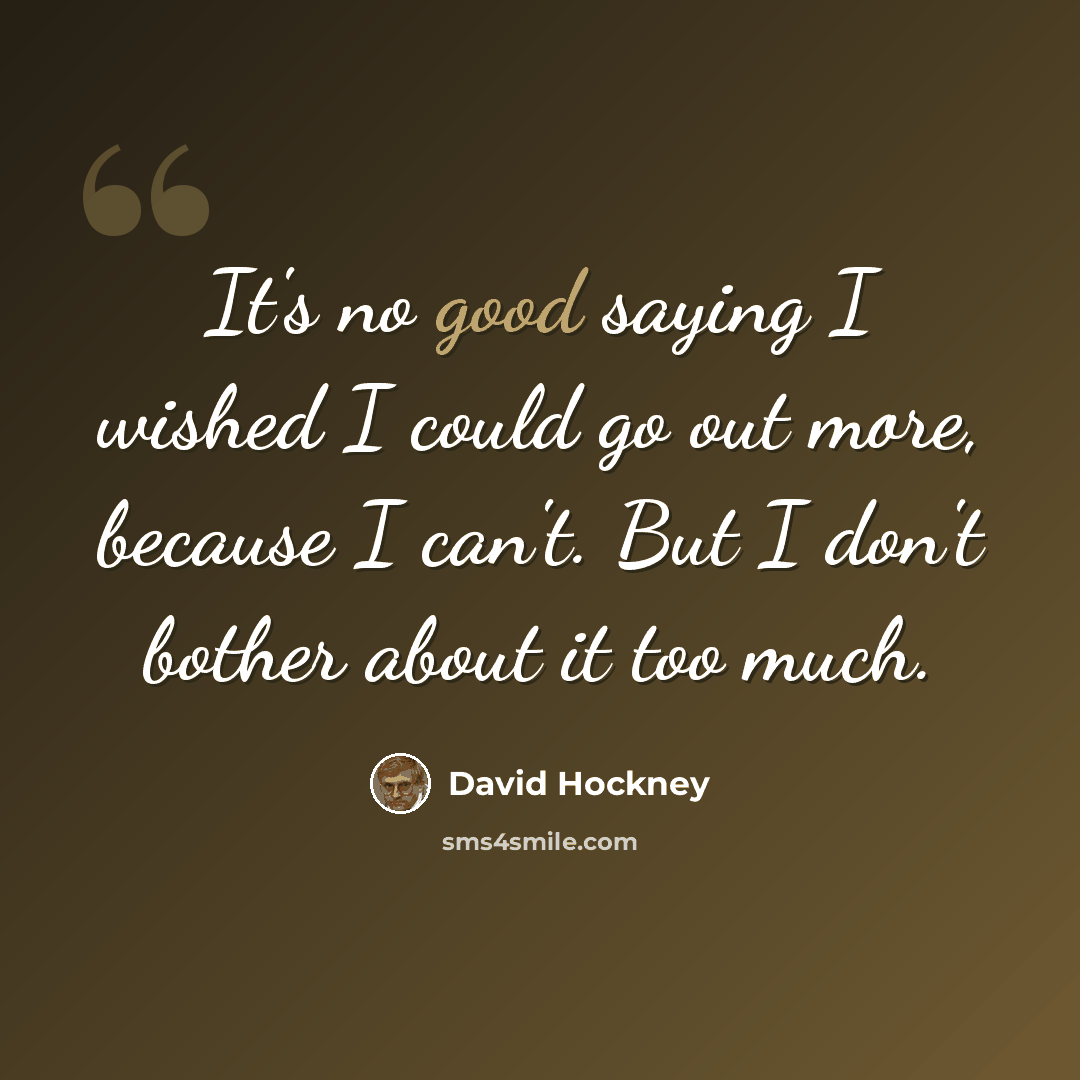 “It's no good saying I wished I could go out more, because I can't. But I don't bother about it too much.” quote by David Hockney