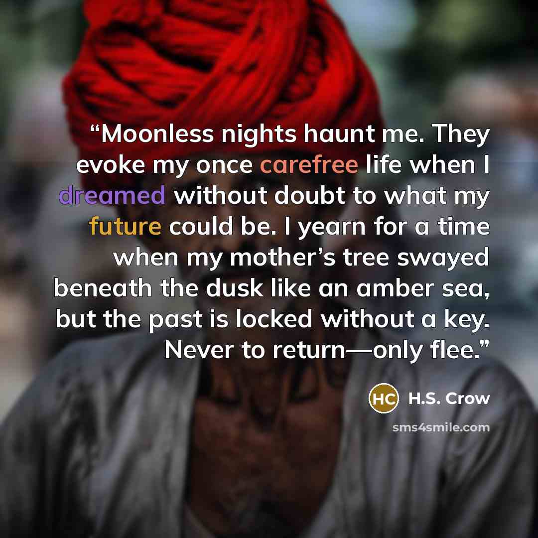 “Moonless nights haunt me. They evoke my once carefree life when I dreamed without doubt to what my future could be. I yearn for a time when my mother’s tree swayed beneath the dusk like an amber sea, but the past is locked without a key. Never to return—only flee.” quote by H.S. Crow