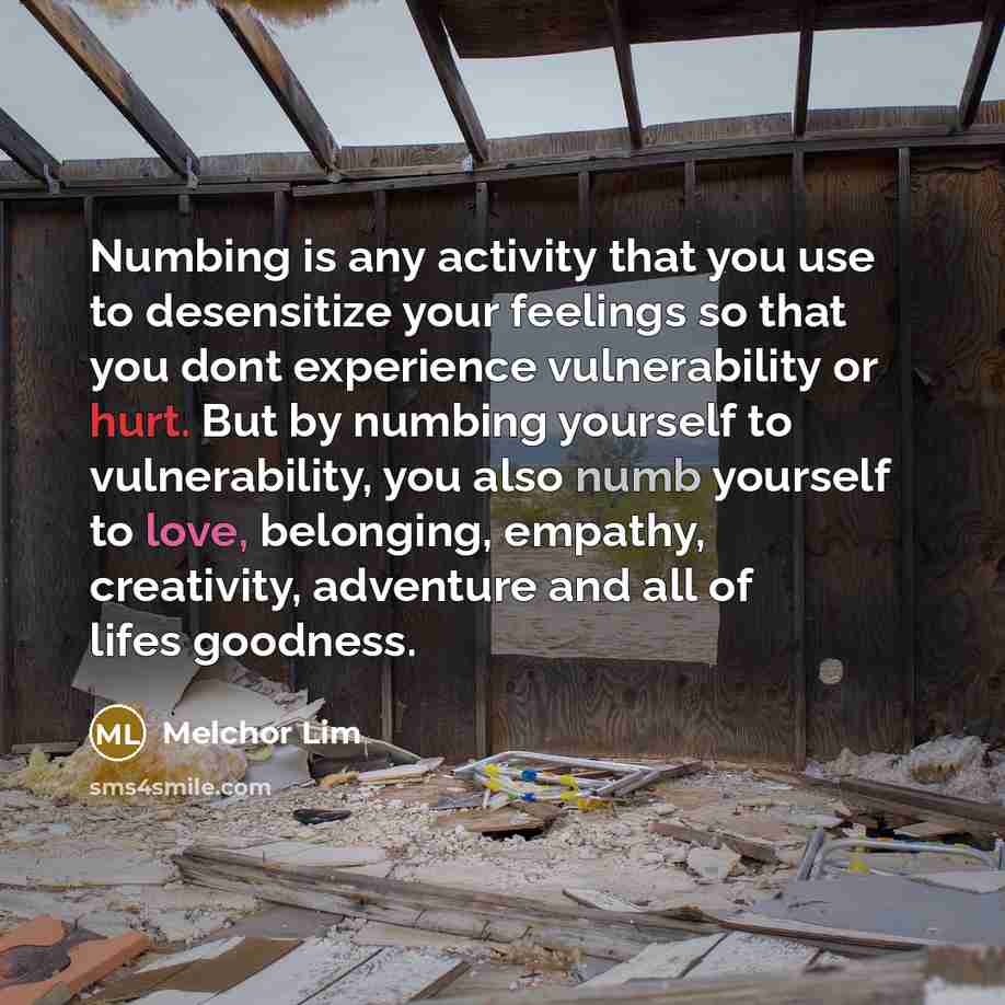 “Numbing is any activity that you use to desensitize your feelings so that you dont experience vulnerability or hurt. But by numbing yourself to vulnerability, you also numb yourself to love, belonging, empathy, creativity, adventure and all of lifes goodness.” quote by Melchor Lim