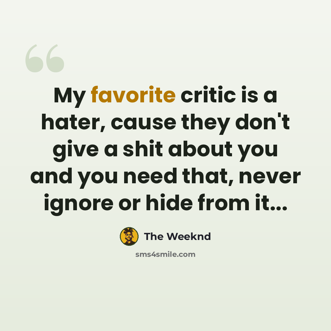 “My favorite critic is a hater, cause they don't give a shit about you and you need that, never ignore or hide from it...” quote by The Weeknd