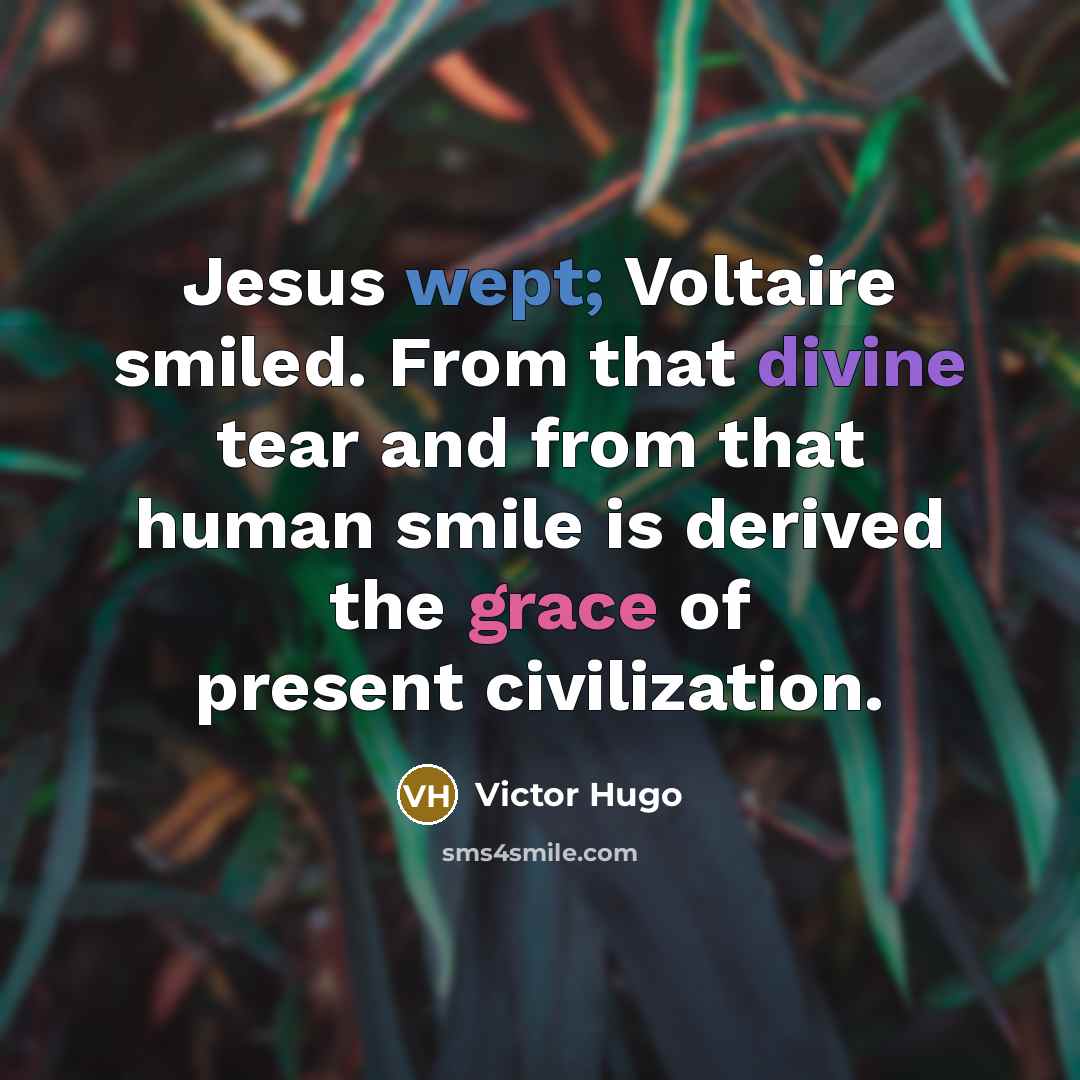 “Jesus wept; Voltaire smiled. From that divine tear and from that human smile is derived the grace of present civilization.” quote by Victor Hugo