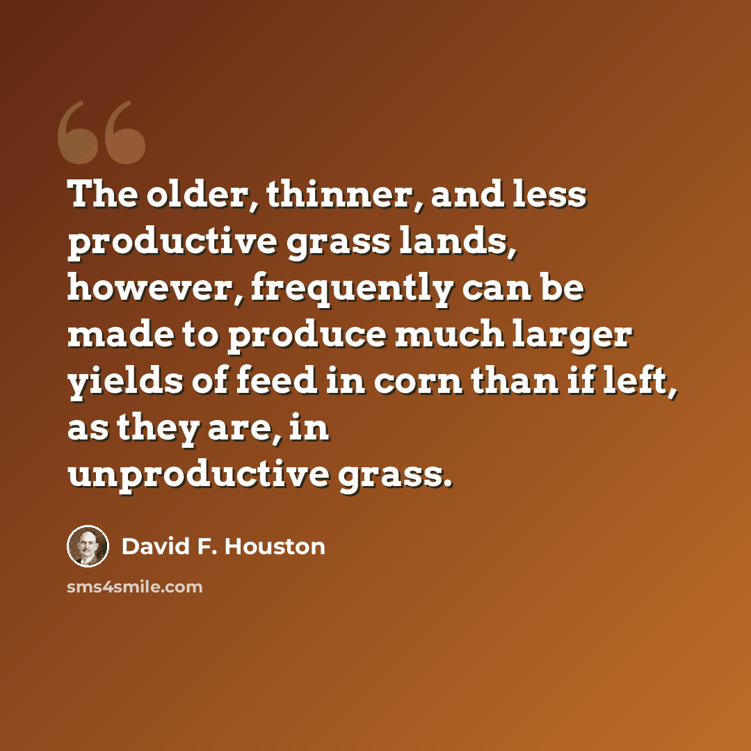 “The older, thinner, and less productive grass lands, however, frequently can be made to produce much larger yields of feed in corn than if left, as they are, in unproductive grass.” quote by David F. Houston