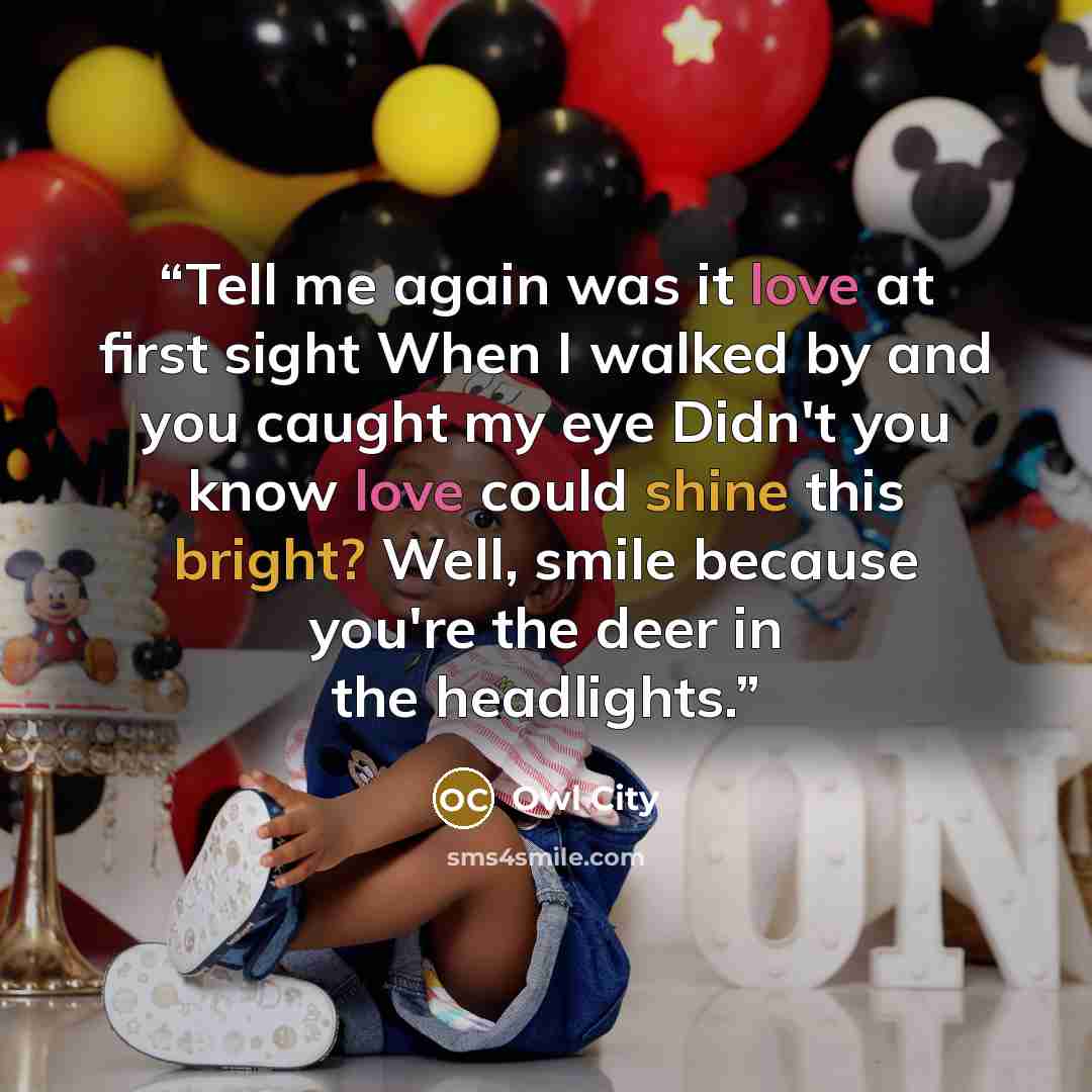 “Tell me again was it love at first sight When I walked by and you caught my eye Didn't you know love could shine this bright? Well, smile because you're the deer in the headlights.” quote by Owl City