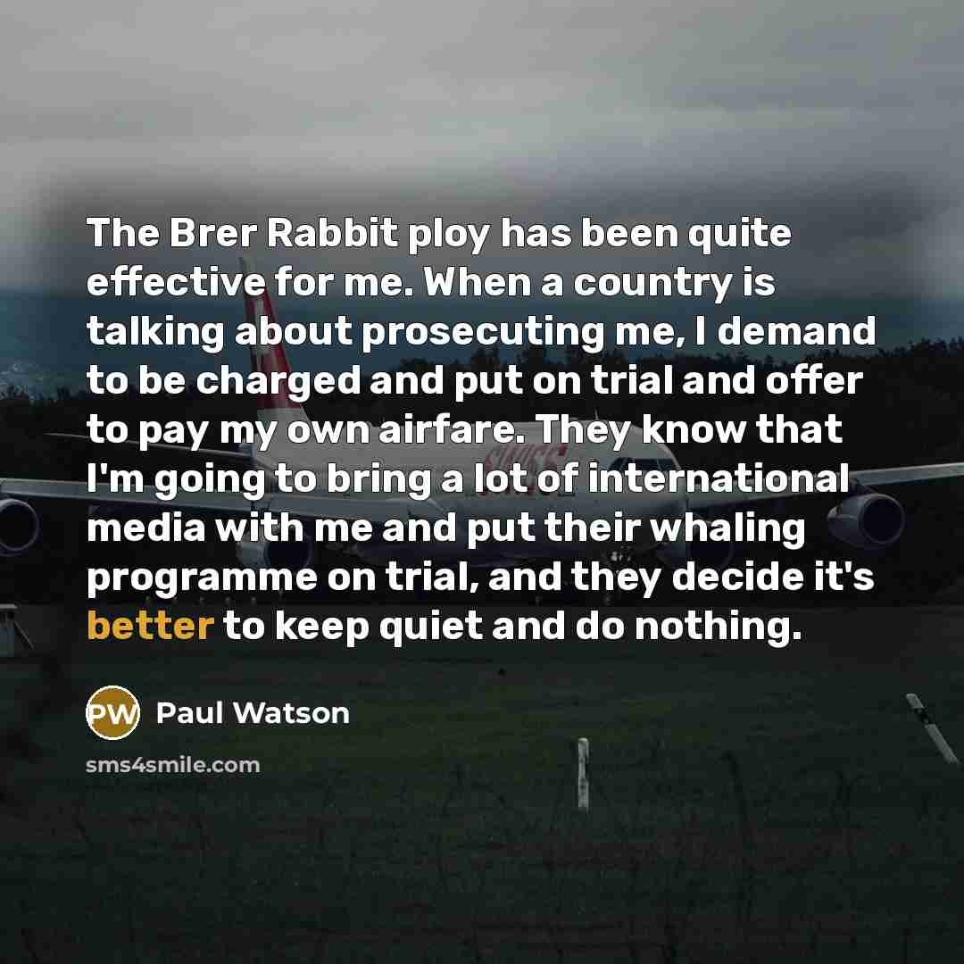 “The Brer Rabbit ploy has been quite effective for me. When a country is talking about prosecuting me, I demand to be charged and put on trial and offer to pay my own airfare. They know that I'm going to bring a lot of international media with me and put their whaling programme on trial, and they…” quote by Paul Watson