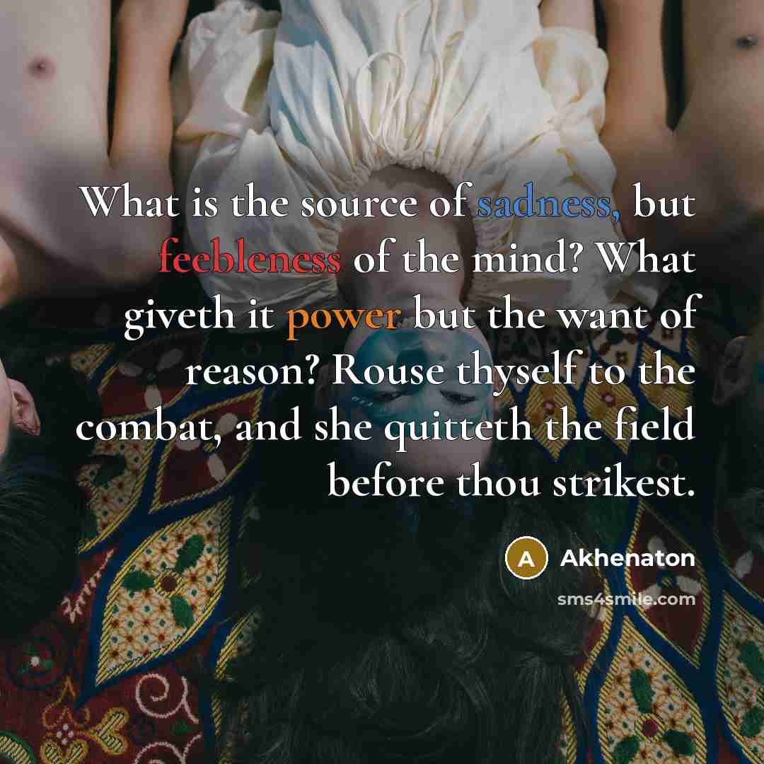 “What is the source of sadness, but feebleness of the mind? What giveth it power but the want of reason? Rouse thyself to the combat, and she quitteth the field before thou strikest.” quote by Akhenaton