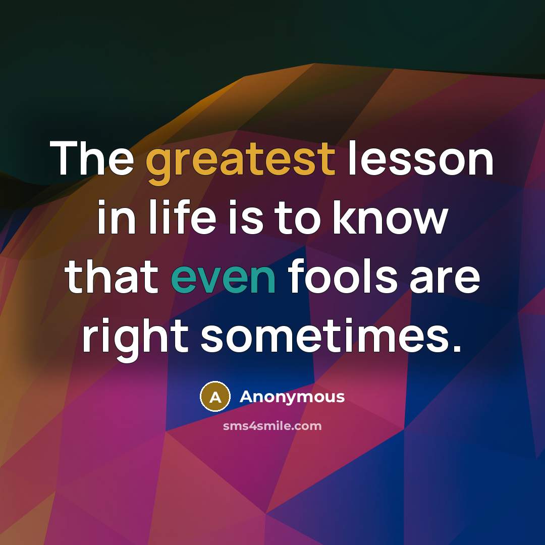 “The greatest lesson in life is to know that even fools are right sometimes.” quote by Anonymous