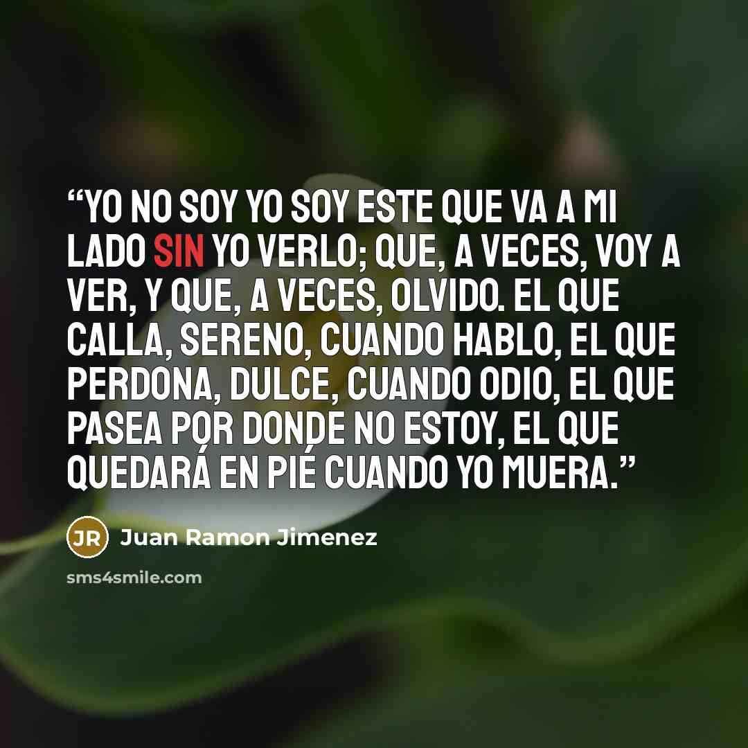 “yo no soy yo soy este que va a mi lado sin yo verlo; que, a veces, voy a ver, y que, a veces, olvido. El que calla, sereno, cuando hablo, el que perdona, dulce, cuando odio, el que pasea por donde no estoy, el que quedará en pié cuando yo muera.” quote by Juan Ramón Jiménez