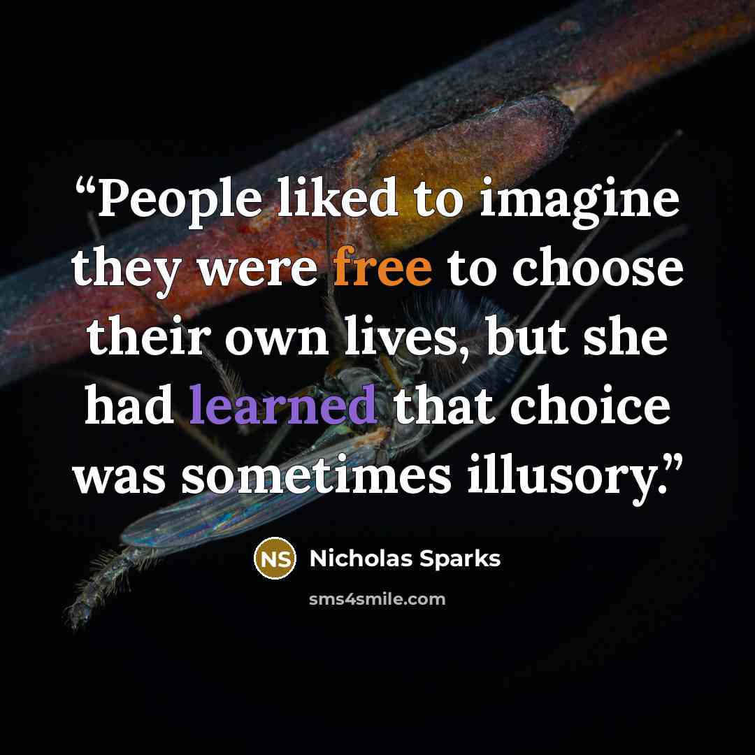 “People liked to imagine they were free to choose their own lives, but she had learned that choice was sometimes illusory.” quote by Nicholas Sparks