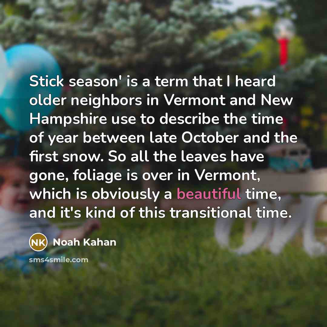 “Stick season' is a term that I heard older neighbors in Vermont and New Hampshire use to describe the time of year between late October and the first snow. So all the leaves have gone, foliage is over in Vermont, which is obviously a beautiful time, and it's kind of this transitional time.” quote by Noah Kahan