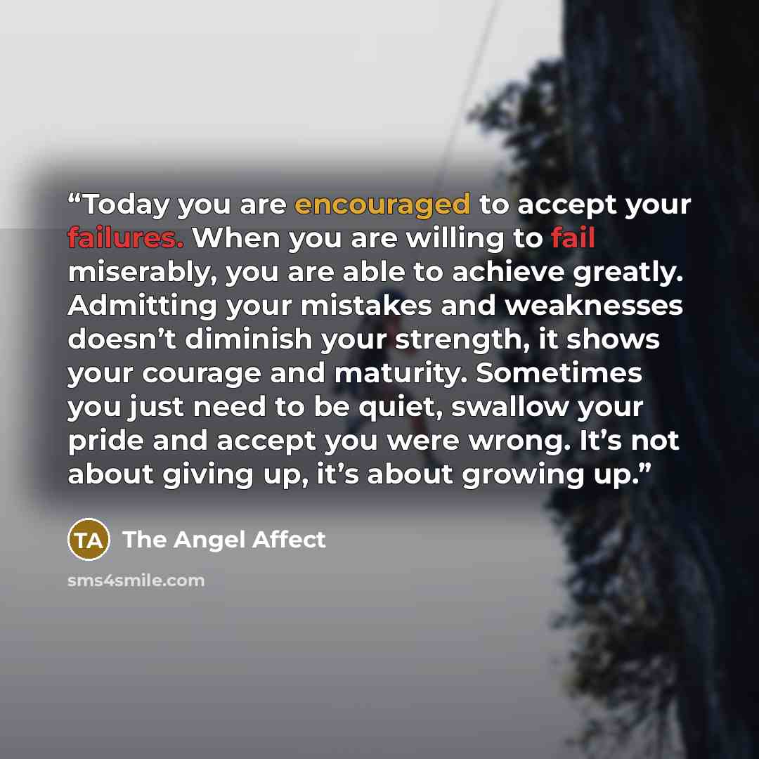 “Today you are encouraged to accept your failures. When you are willing to fail miserably, you are able to achieve greatly. Admitting your mistakes and weaknesses doesn’t diminish your strength, it shows your courage and maturity. Sometimes you just need to be quiet, swallow your pride and accept…” quote by The Angel Affect