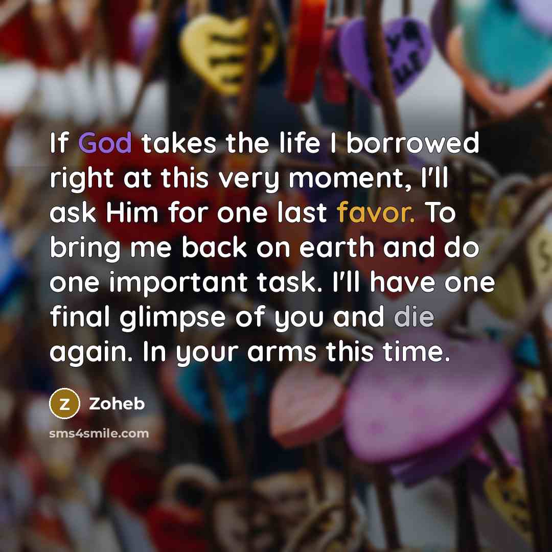 “If God takes the life I borrowed right at this very moment, I'll ask Him for one last favor. To bring me back on earth and do one important task. I'll have one final glimpse of you and die again. In your arms this time.” quote by Zoheb