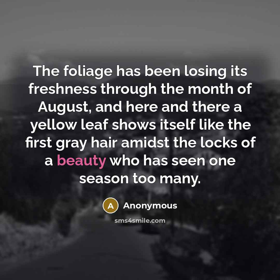 “The foliage has been losing its freshness through the month of August, and here and there a yellow leaf shows itself like the first gray hair amidst the locks of a beauty who has seen one season too many.” quote by Anonymous