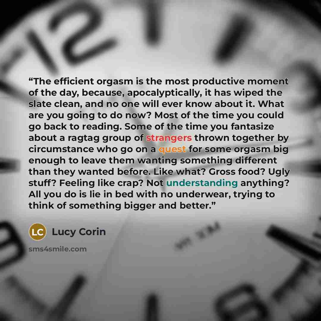 “The efficient orgasm is the most productive moment of the day, because, apocalyptically, it has wiped the slate clean, and no one will ever know about it. What are you going to do now? Most of the time you could go back to reading. Some of the time you fantasize about a ragtag group of strangers…” quote by Lucy Corin
