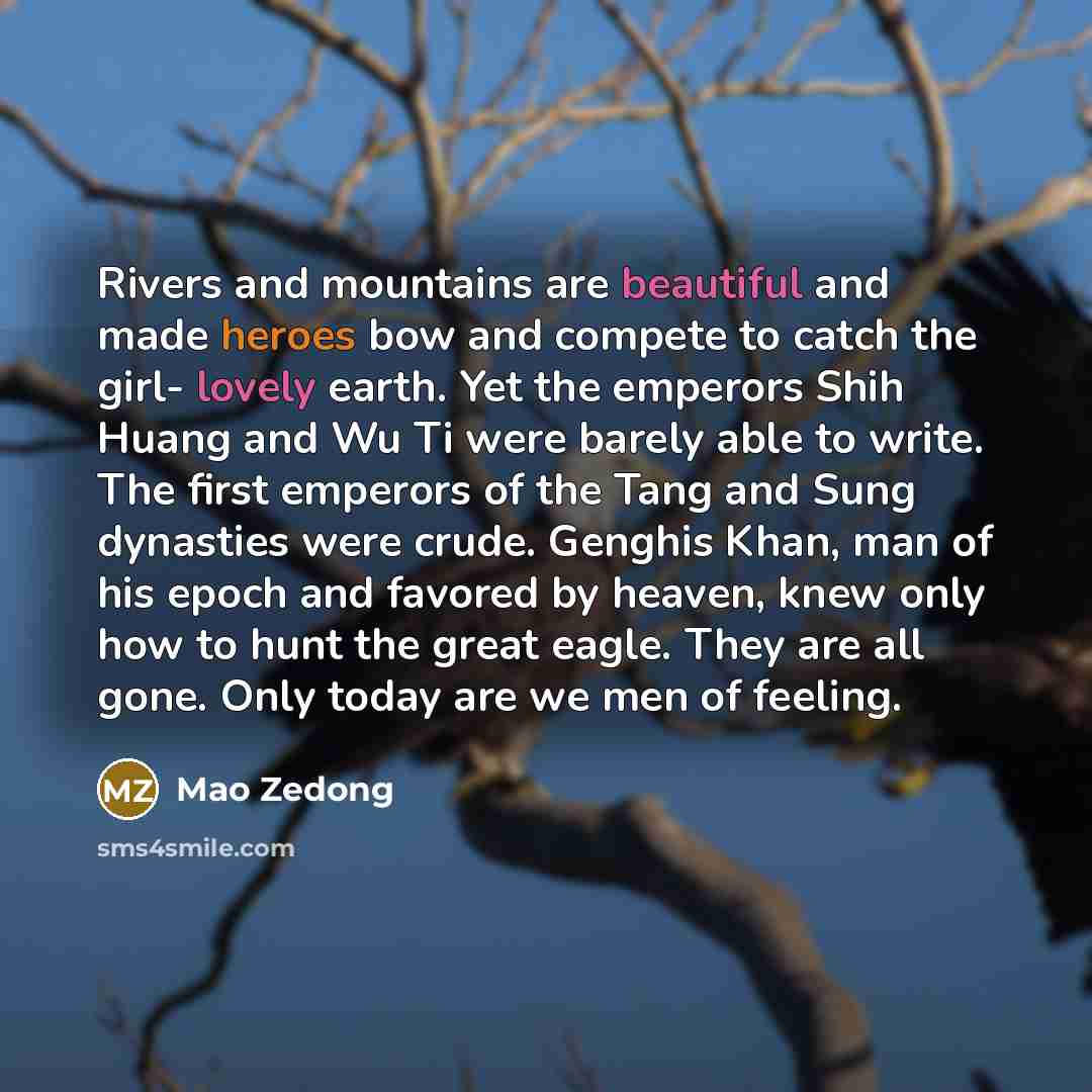 “Rivers and mountains are beautiful and made heroes bow and compete to catch the girl- lovely earth. Yet the emperors Shih Huang and Wu Ti were barely able to write. The first emperors of the Tang and Sung dynasties were crude. Genghis Khan, man of his epoch and favored by heaven, knew only how to…” quote by Mao Zedong
