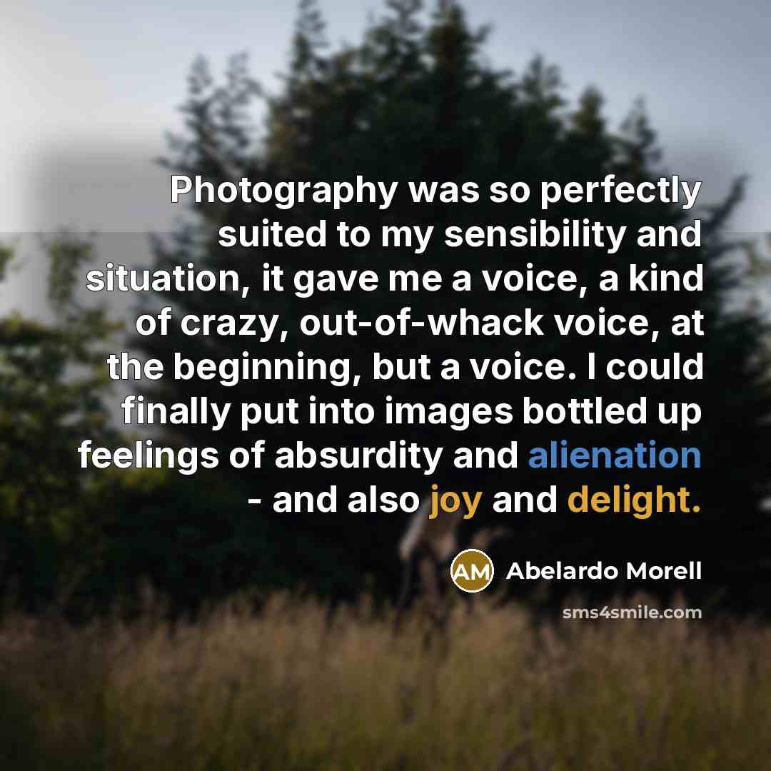 “Photography was so perfectly suited to my sensibility and situation, it gave me a voice, a kind of crazy, out-of-whack voice, at the beginning, but a voice. I could finally put into images bottled up feelings of absurdity and alienation - and also joy and delight.” quote by Abelardo Morell