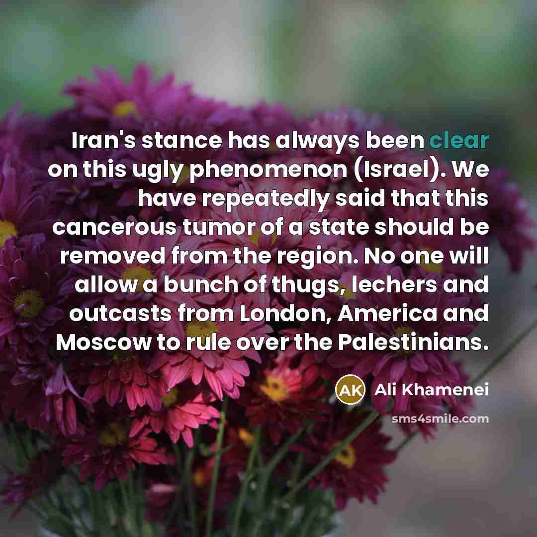 “Iran's stance has always been clear on this ugly phenomenon (Israel). We have repeatedly said that this cancerous tumor of a state should be removed from the region. No one will allow a bunch of thugs, lechers and outcasts from London, America and Moscow to rule over the Palestinians.” quote by Ali Khamenei