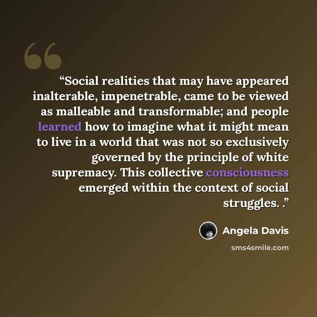 “Social realities that may have appeared inalterable, impenetrable, came to be viewed as malleable and transformable; and people learned how to imagine what it might mean to live in a world that was not so exclusively governed by the principle of white supremacy. This collective consciousness…” quote by Angela Davis