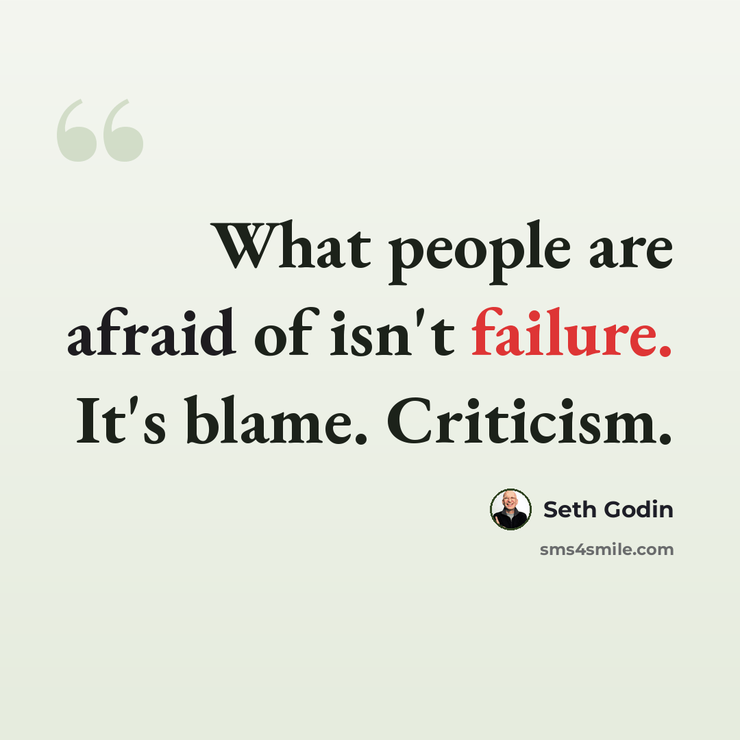 “What people are afraid of isn't failure. It's blame. Criticism.” quote by Seth Godin