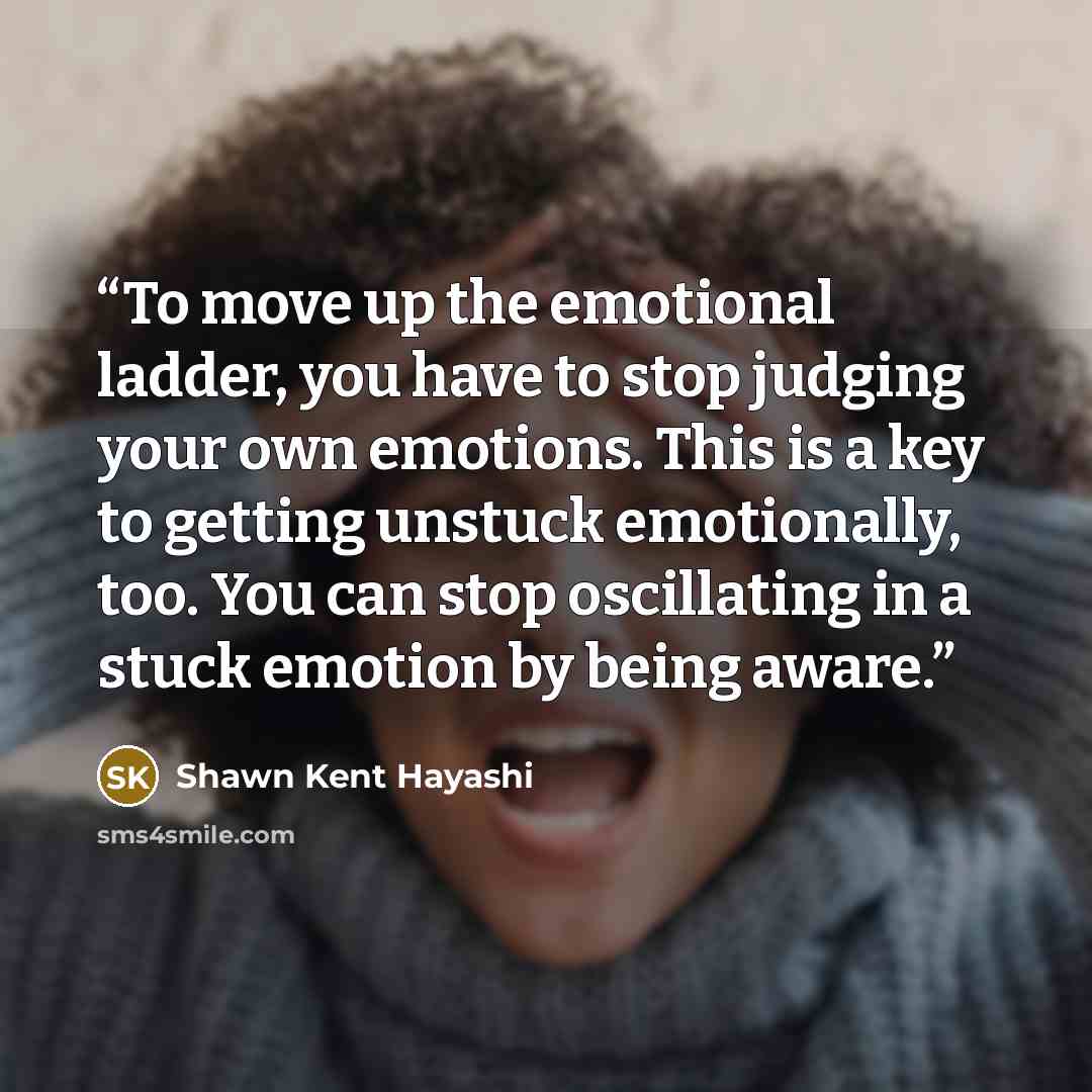 “To move up the emotional ladder, you have to stop judging your own emotions. This is a key to getting unstuck emotionally, too. You can stop oscillating in a stuck emotion by being aware.” quote by Shawn Kent Hayashi