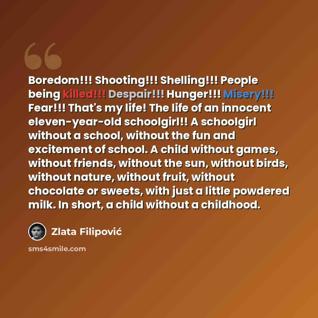 “Boredom!!! Shooting!!! Shelling!!! People being killed!!! Despair!!! Hunger!!! Misery!!! Fear!!! That's my life! The life of an innocent eleven-year-old schoolgirl!! A schoolgirl without a school, without the fun and excitement of school. A child without games, without friends, without the sun…” quote by Zlata Filipović