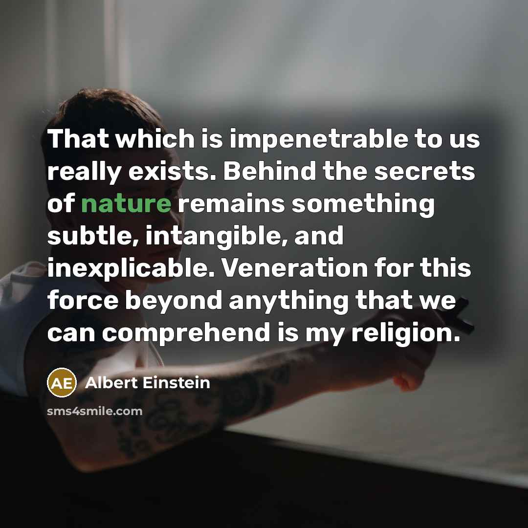 “That which is impenetrable to us really exists. Behind the secrets of nature remains something subtle, intangible, and inexplicable. Veneration for this force beyond anything that we can comprehend is my religion.” quote by Albert Einstein