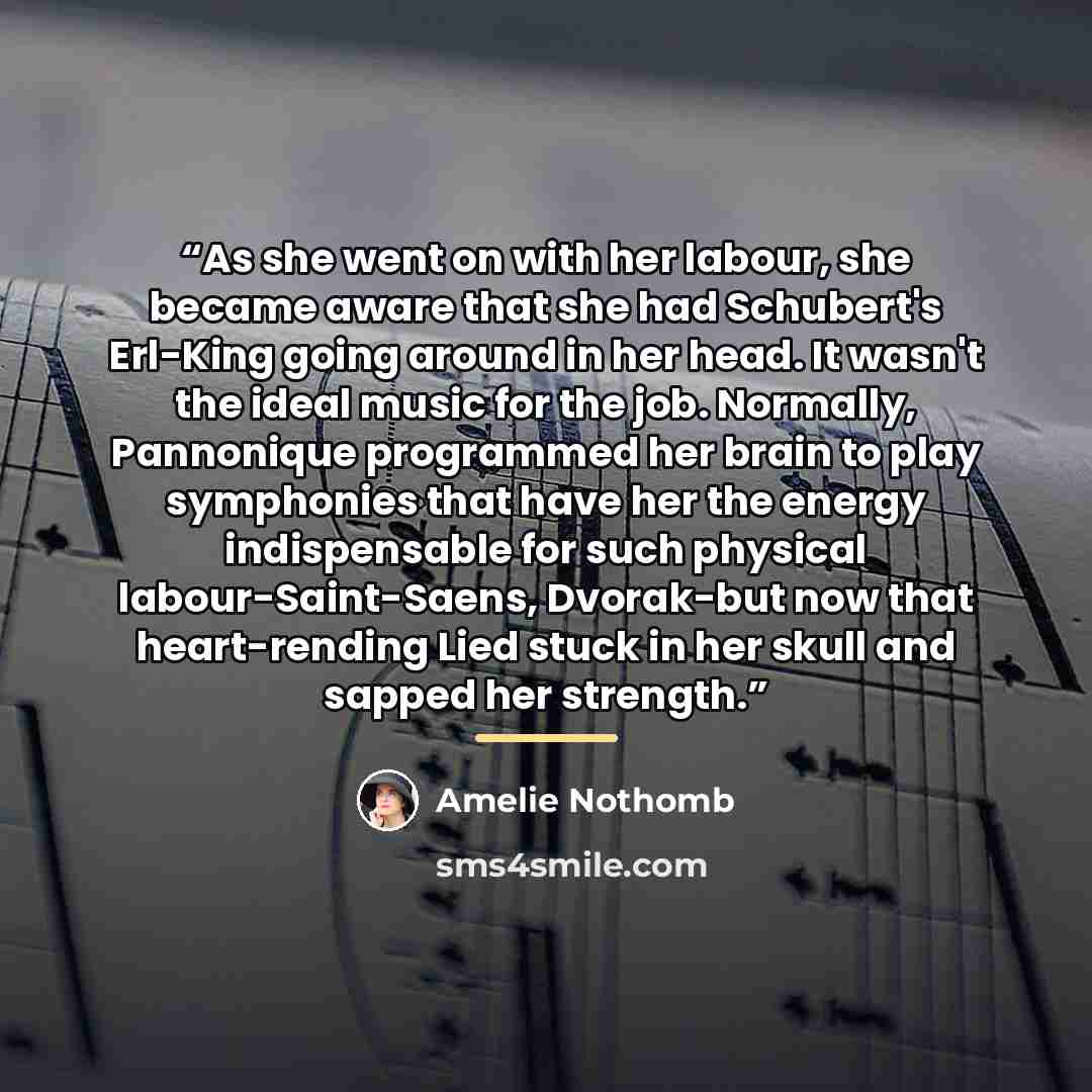“As she went on with her labour, she became aware that she had Schubert's Erl-King going around in her head. It wasn't the ideal music for the job. Normally, Pannonique programmed her brain to play symphonies that have her the energy indispensable for such physical labour-Saint-Saens, Dvorak-but…” quote by Amélie Nothomb