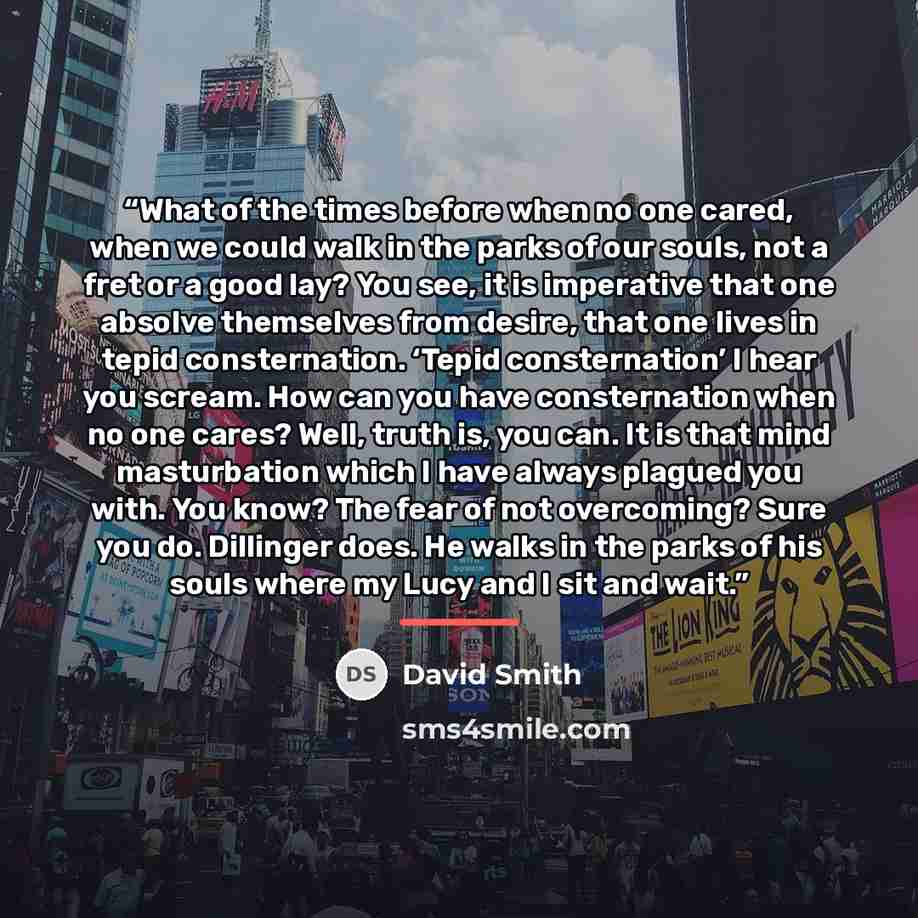 “What of the times before when no one cared, when we could walk in the parks of our souls, not a fret or a good lay? You see, it is imperative that one absolve themselves from desire, that one lives in tepid consternation. ‘Tepid consternation’ I hear you scream. How can you have consternation when…” quote by David Smith
