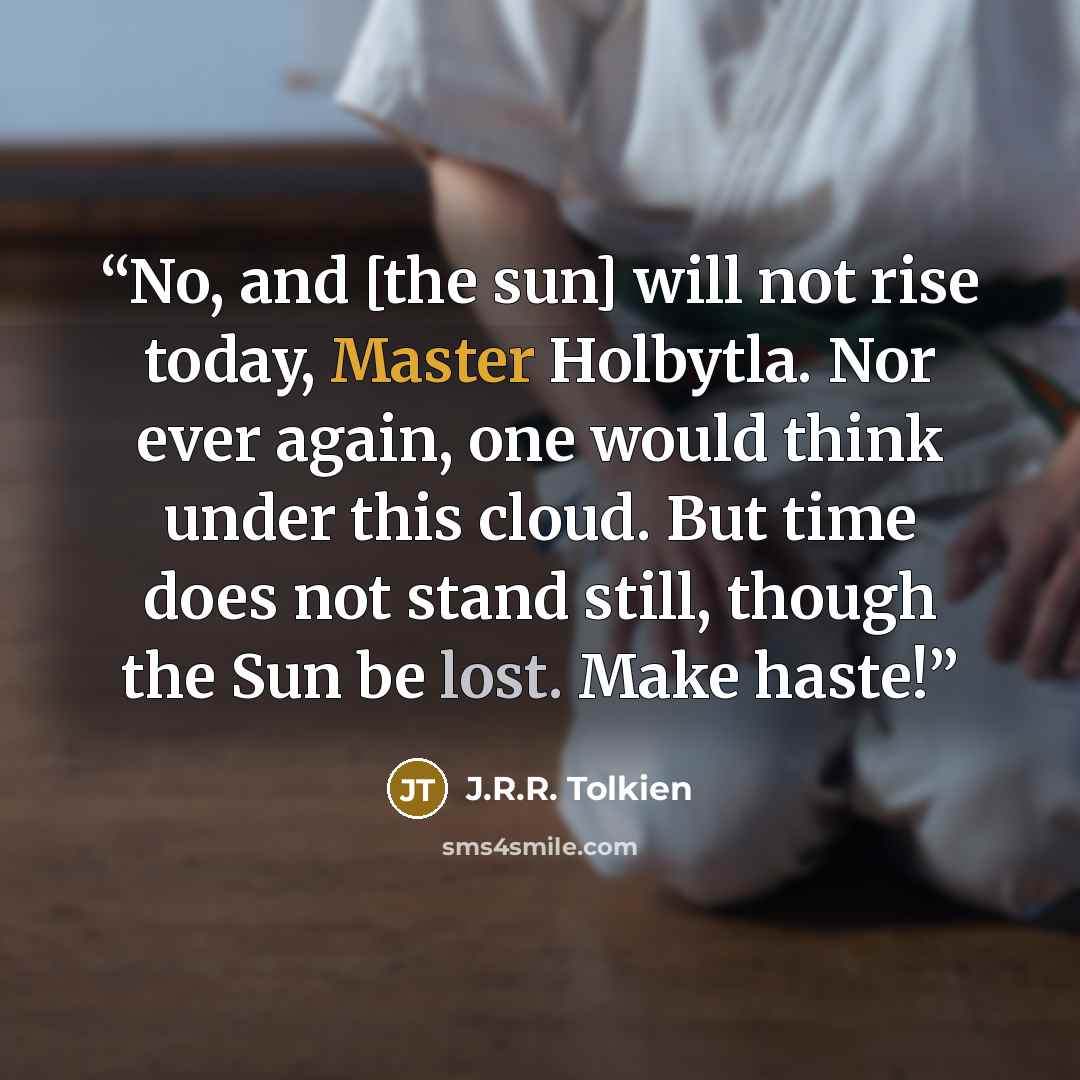 “No, and [the sun] will not rise today, Master Holbytla. Nor ever again, one would think under this cloud. But time does not stand still, though the Sun be lost. Make haste!” quote by J.R.R. Tolkien