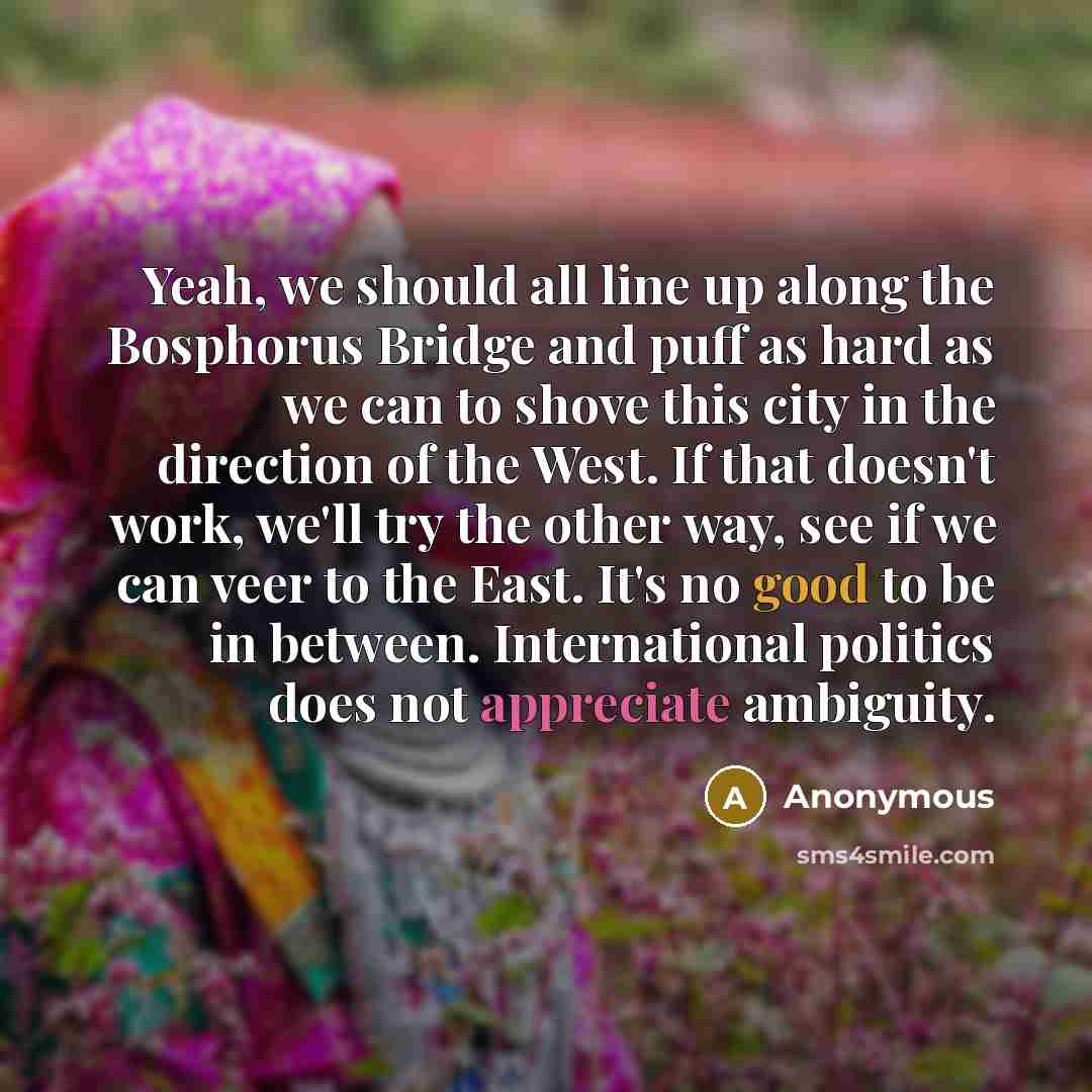 “Yeah, we should all line up along the Bosphorus Bridge and puff as hard as we can to shove this city in the direction of the West. If that doesn't work, we'll try the other way, see if we can veer to the East. It's no good to be in between. International politics does not appreciate ambiguity.” quote by Anonymous