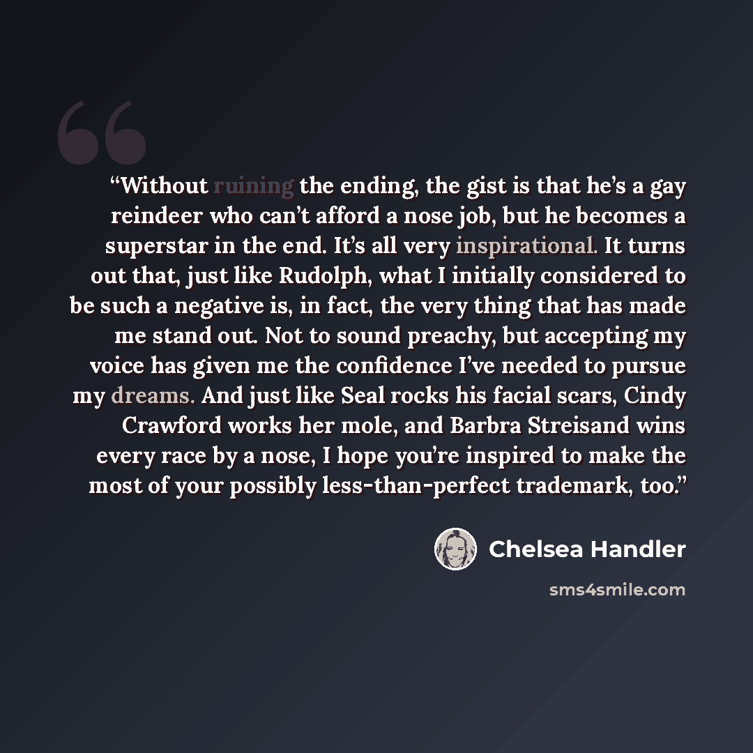 “Without ruining the ending, the gist is that he’s a gay reindeer who can’t afford a nose job, but he becomes a superstar in the end. It’s all very inspirational. It turns out that, just like Rudolph, what I initially considered to be such a negative is, in fact, the very thing that has made me…” quote by Chelsea Handler