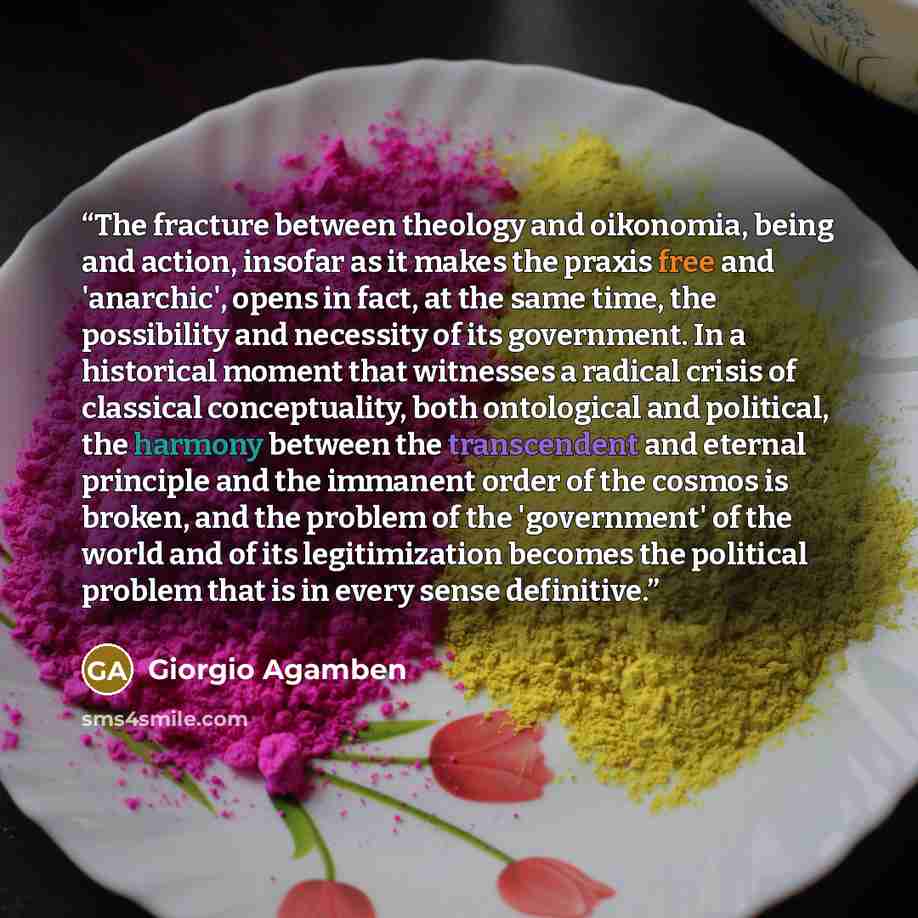 “The fracture between theology and oikonomia, being and action, insofar as it makes the praxis free and 'anarchic', opens in fact, at the same time, the possibility and necessity of its government. In a historical moment that witnesses a radical crisis of classical conceptuality, both ontological…” quote by Giorgio Agamben
