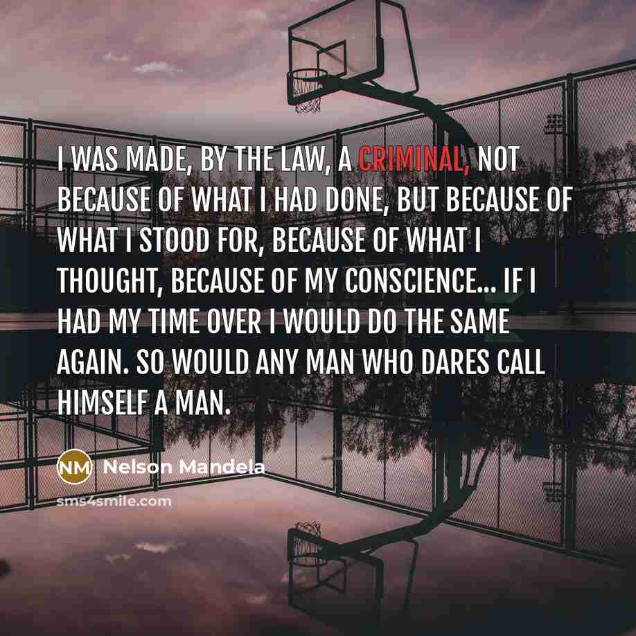 “I was made, by the law, a criminal, not because of what I had done, but because of what I stood for, because of what I thought, because of my conscience... If I had my time over I would do the same again. So would any man who dares call himself a man.” quote by Nelson Mandela