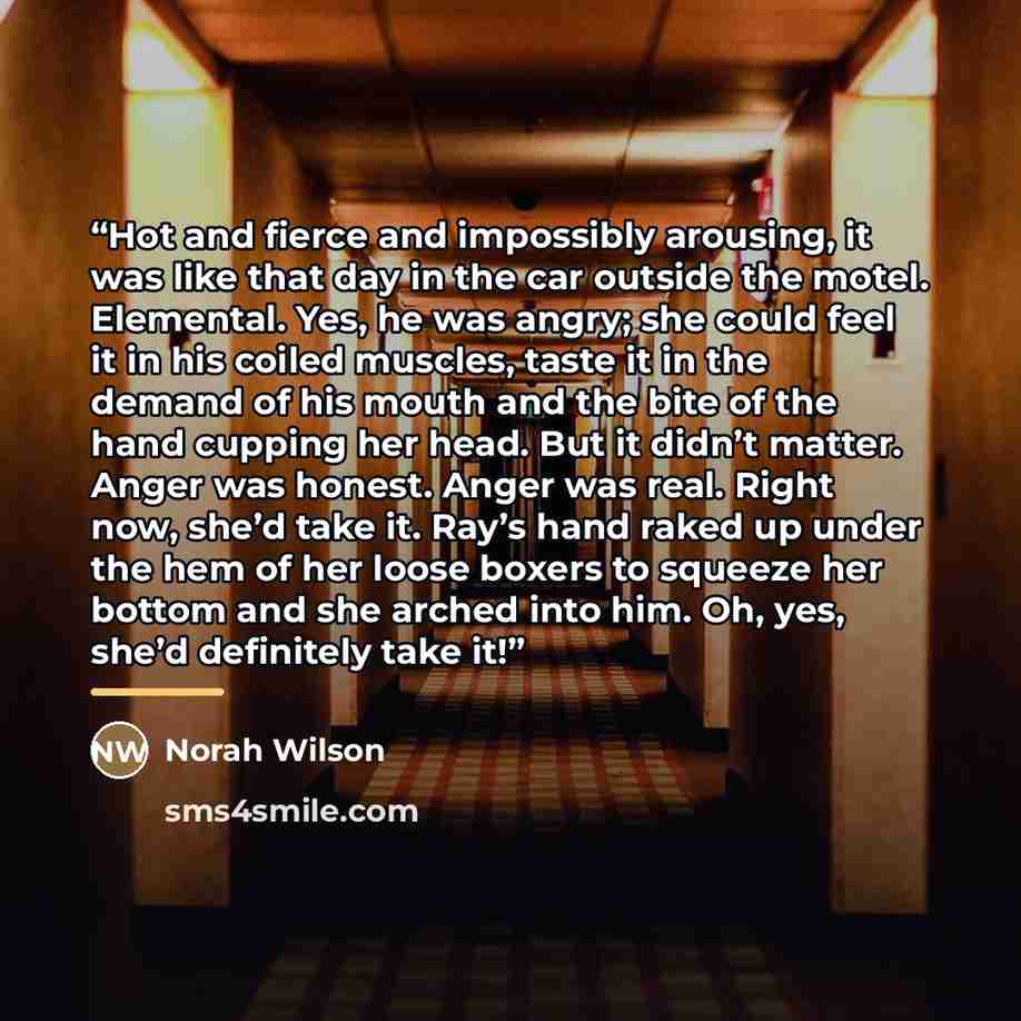 “Hot and fierce and impossibly arousing, it was like that day in the car outside the motel. Elemental. Yes, he was angry; she could feel it in his coiled muscles, taste it in the demand of his mouth and the bite of the hand cupping her head. But it didn’t matter. Anger was honest. Anger was real…” quote by Norah Wilson