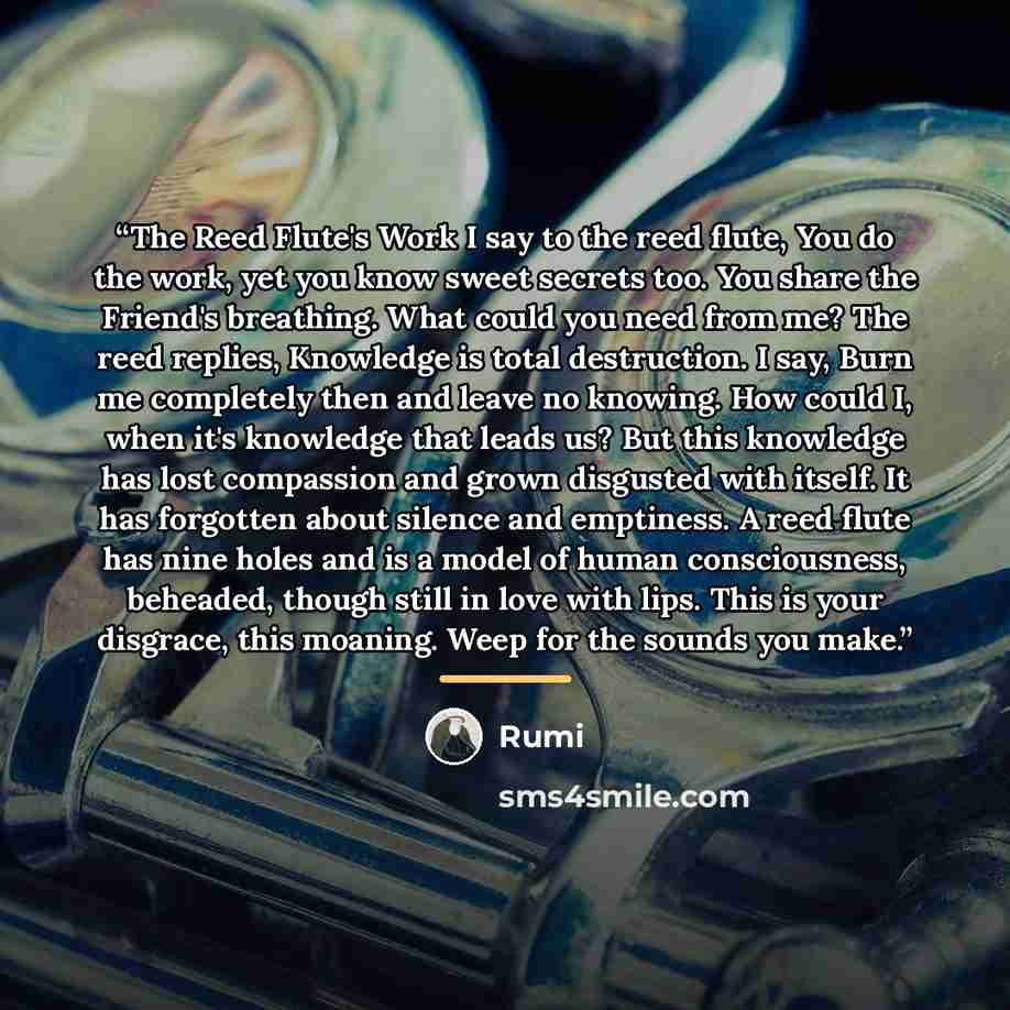 “The Reed Flute's Work I say to the reed flute, You do the work, yet you know sweet secrets too. You share the Friend's breathing. What could you need from me? The reed replies, Knowledge is total destruction. I say, Burn me completely then and leave no knowing. How could I, when it's knowledge…” quote by Rumi