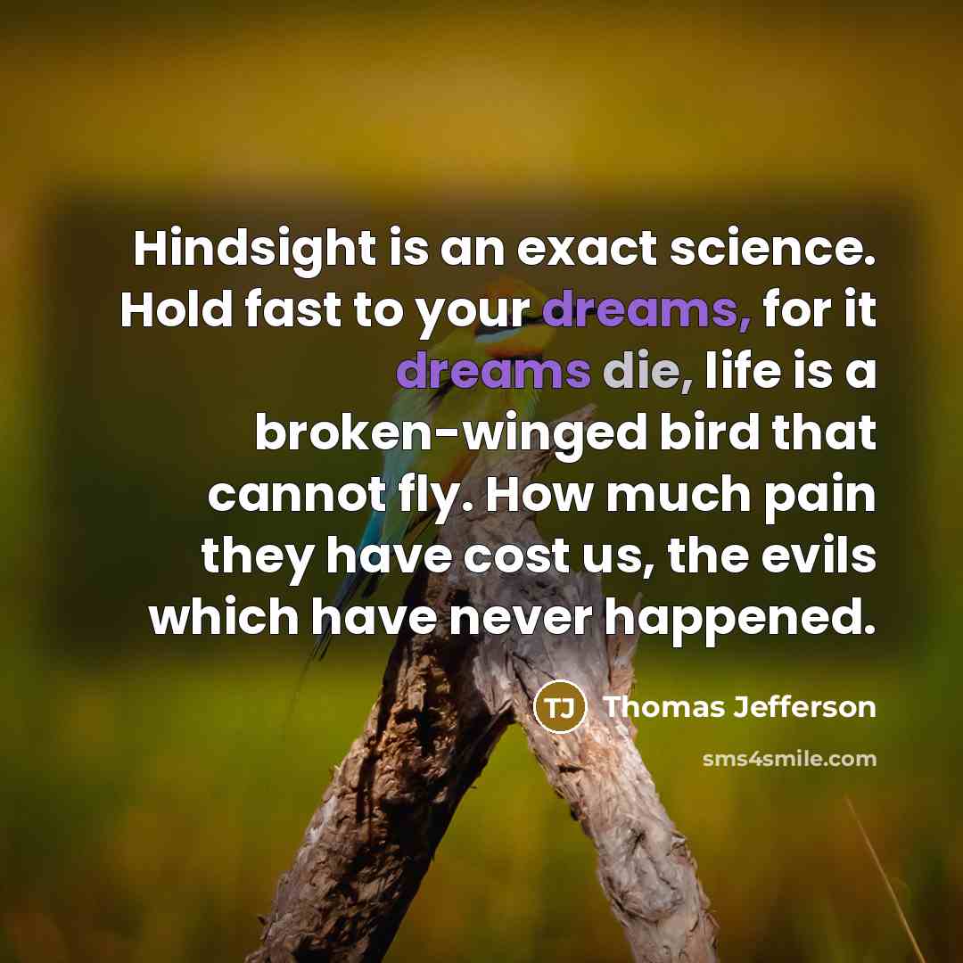 “Hindsight is an exact science. Hold fast to your dreams, for it dreams die, life is a broken-winged bird that cannot fly. How much pain they have cost us, the evils which have never happened.” quote by Thomas Jefferson