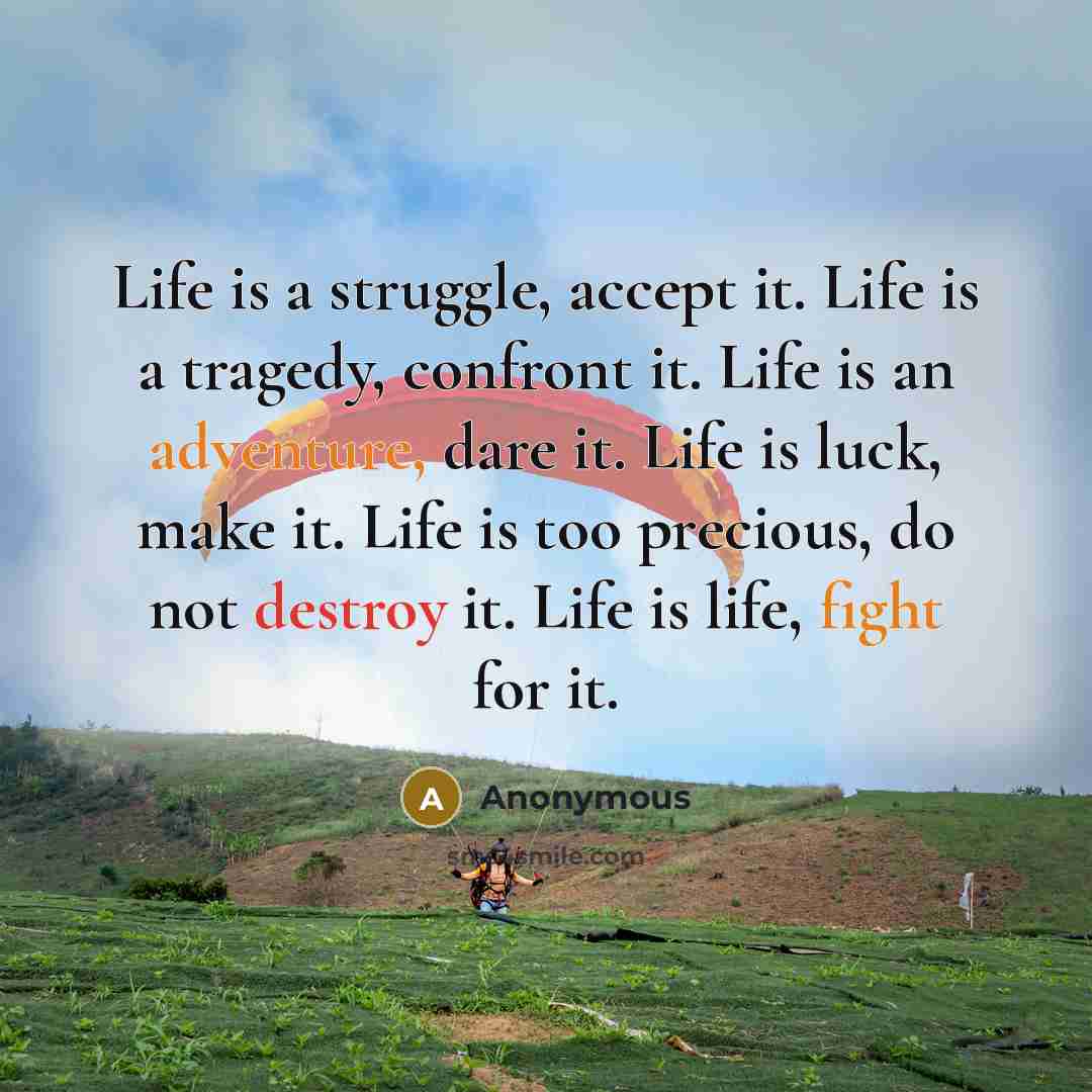 “Life is a struggle, accept it. Life is a tragedy, confront it. Life is an adventure, dare it. Life is luck, make it. Life is too precious, do not destroy it. Life is life, fight for it.” quote by Anonymous