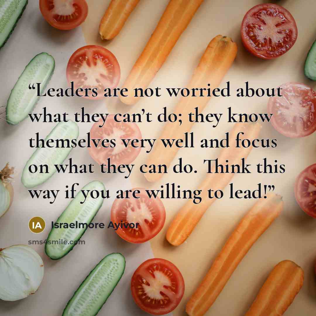“Leaders are not worried about what they can’t do; they know themselves very well and focus on what they can do. Think this way if you are willing to lead!” quote by Israelmore Ayivor
