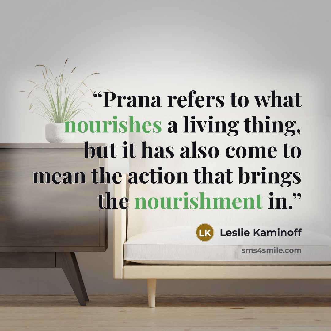 “Prana refers to what nourishes a living thing, but it has also come to mean the action that brings the nourishment in.” quote by Leslie Kaminoff