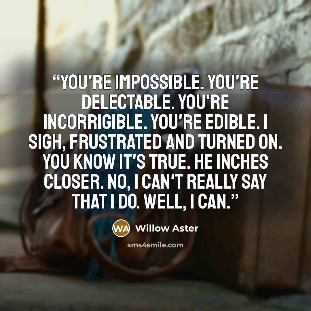 “You're impossible. You're delectable. You're incorrigible. You're edible. I sigh, frustrated and turned on. You know it's true. He inches closer. No, I can't really say that I do. Well, I can.” quote by Willow Aster
