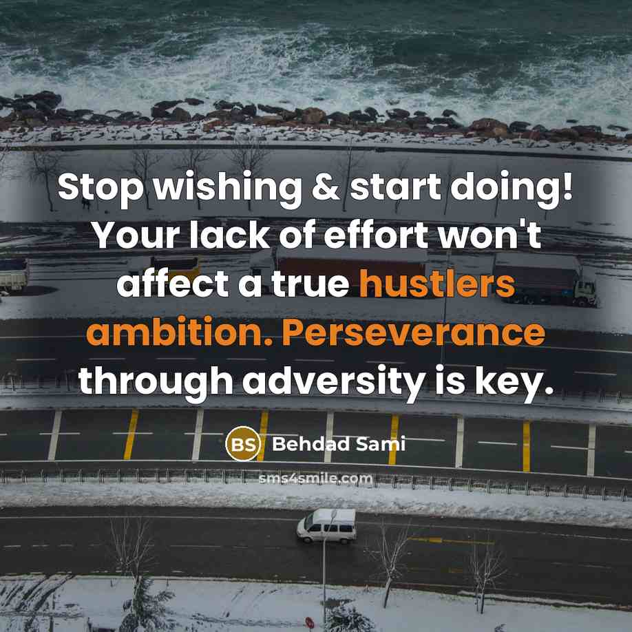 “Stop wishing & start doing! Your lack of effort won't affect a true hustlers ambition. Perseverance through adversity is key.” quote by Behdad Sami